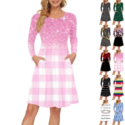 Women's Long Sleeve Dress Pleated Loose Swing Casual Dress With Pockets Knee Length Dresses