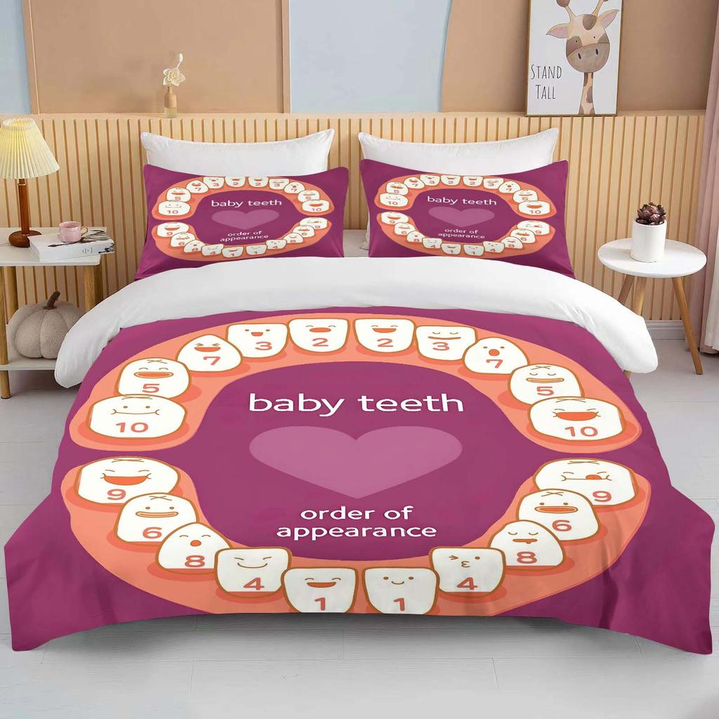 Niedliches Cartoon-Zähne-Druck Bettwäscheset Bettbezug 1 Bettbezug 2 Kissenbezüge Bettwäscheset für Erwachsene und Kinder Luxus-Bettüberwurf-Set