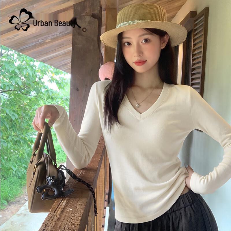 Women's Ribbed V-Neck Long Sleeve Slim Fit Knit T-Shirt
