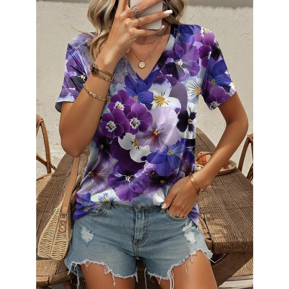 Women's Summer T-shirt Plant Flower Print Retro Fashion Casual Short-sleeved Street V-neck Women's Clothing