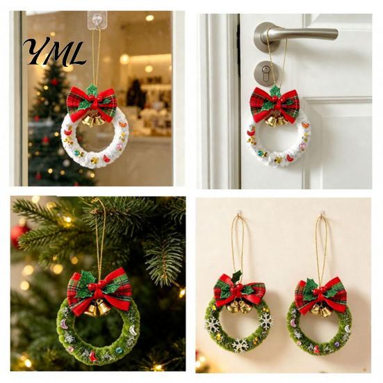Xmas Gift Wrapping Accessories Mini Christmas Wreath Ornament, Hanging Decoration with Plaid Bow And Decorative Bells for Holiday Season Metal Bells,