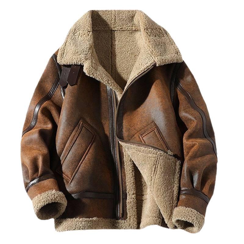 Men's Retro Suede Lambswool Fleece-Lined Leather Jacket - Winter Motorcycle Style, Thickened, Plus Size.