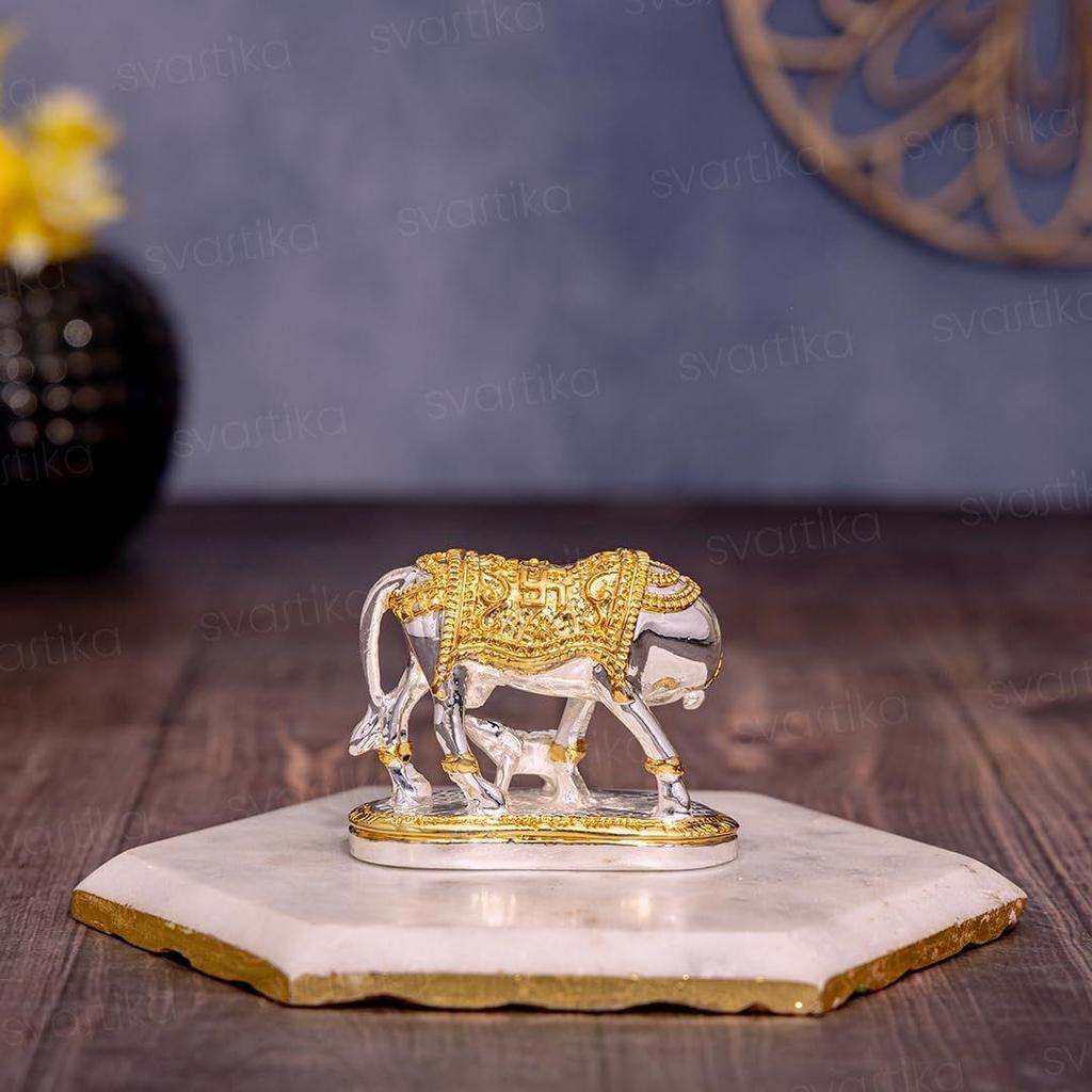 Kamdhenu Cow with Calf Idol | 24K Gold & 999 Silver Plated | Excellent Vastu Correction Remedy for Financial Problems | Wedding & Housewarming Gift