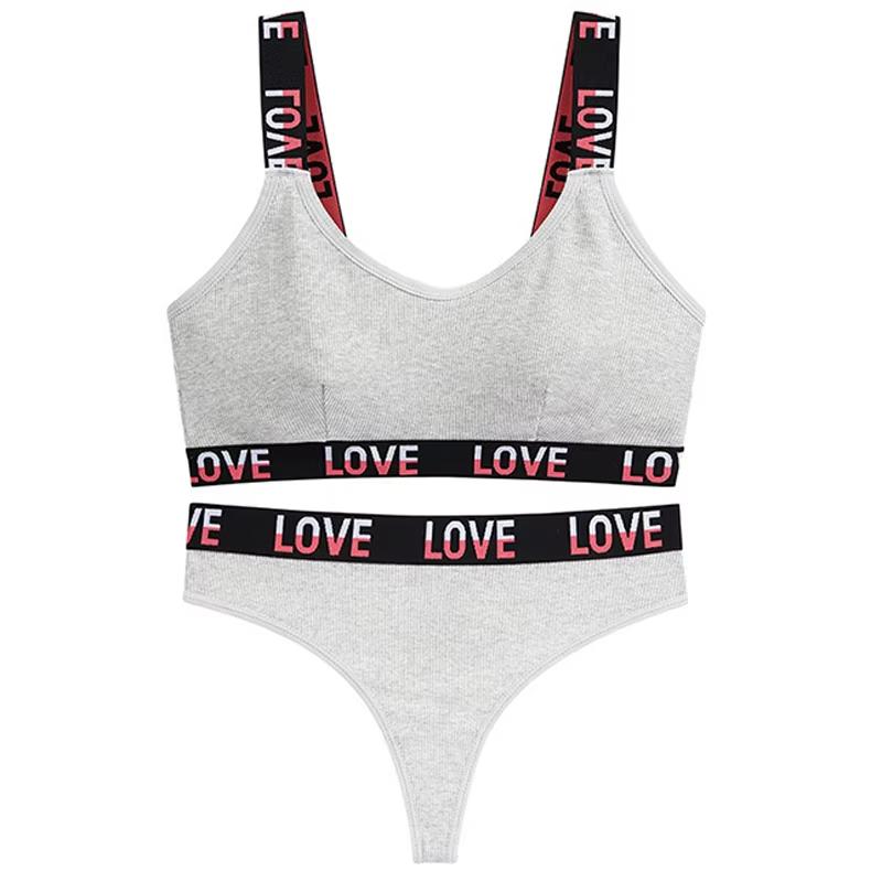 TERMEZY Damen Push-Up-BH-Set, sexy, Buchstaben-Sport-Weste, BH mit niedriger Taille, Tanga-Set, bügelloses Bralette-Dessous-Set aus Baumwolle