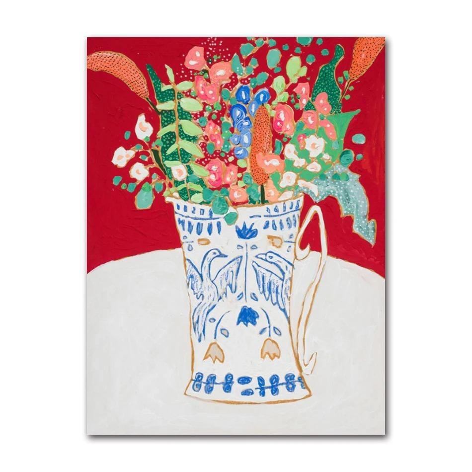 Nordic Flower Leaf Colorful Vase Art Print Wall Poster Canvas Painting Retro Picture Modern Home Decor Bedroom Decoration