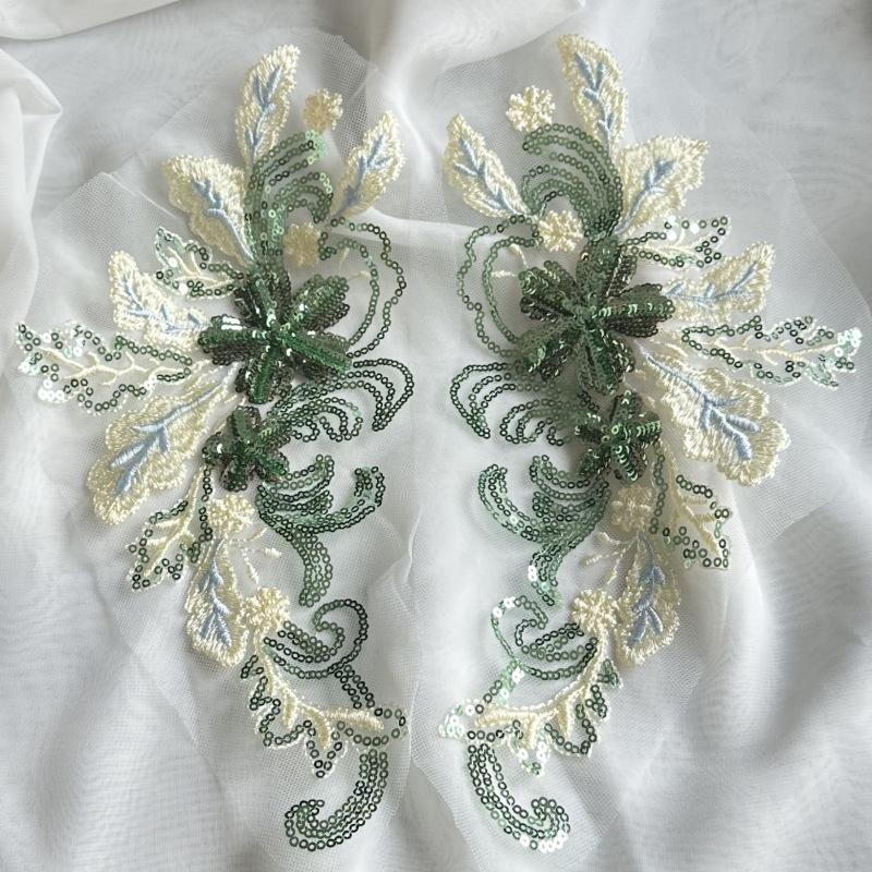 1 Pair Blue Green Flower Sequins Embroidered Patches Wedding Appliques DIY Sew Patch Dress Decoration