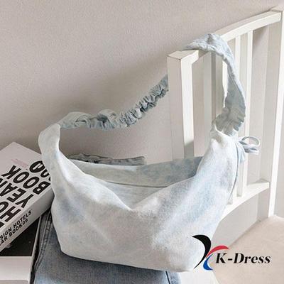 Vintage Shirring Ribbon Denim Crescent Hobo Canvas Crossbody Bag (1 Color)