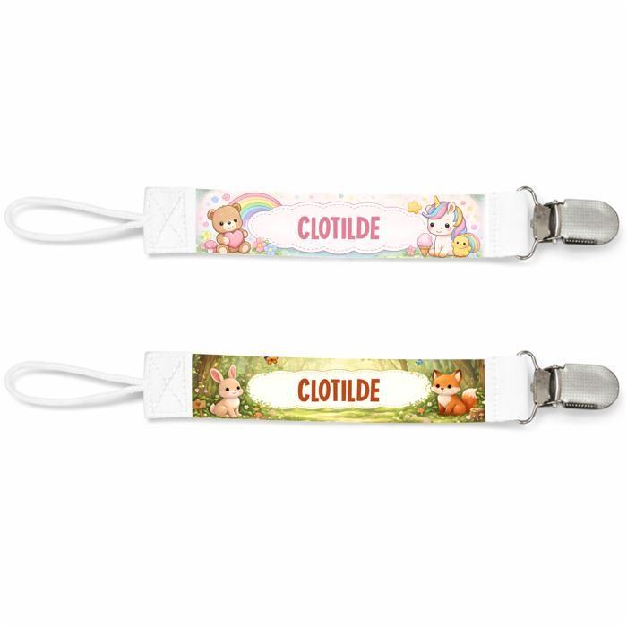 Planetee Lot de 2 Attaches Tétine pour Clotilde Animaux Mignons - Attache Sucette Personnalisée Bébé Fille Cadeau Naissance
