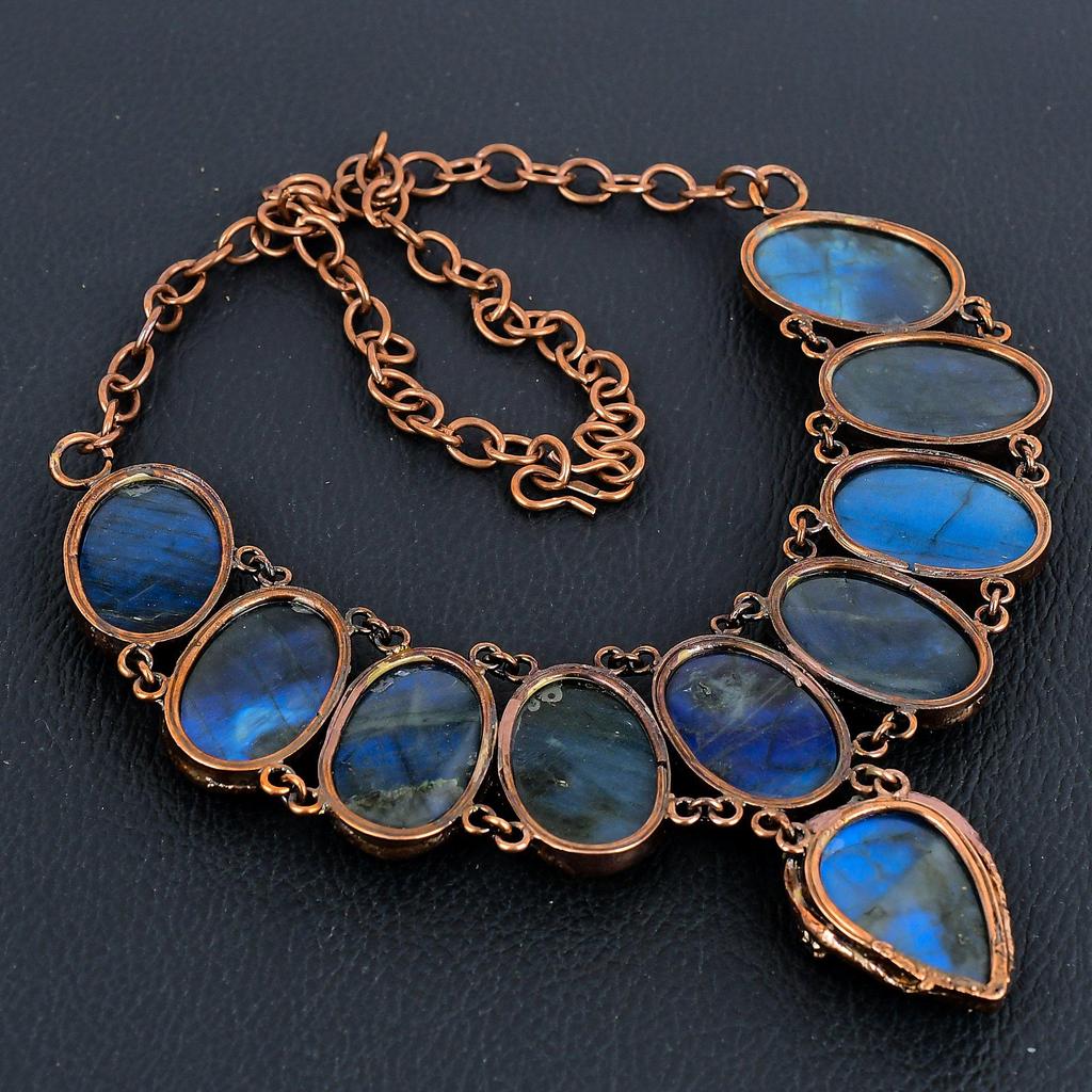 Labradorite Copper Electroformed Necklace with Adjustable Chain, Handmade Gemstone Jewelry Necklace For Memorial Day