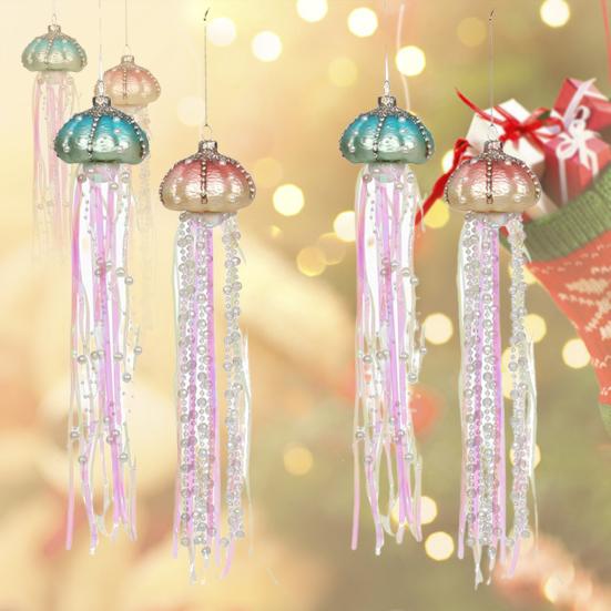 4Pcs Jellyfish Decoration Fine Workmanship Good-looking Long Lifespan Festive Stylish Increase Atmosphere Plastic Xmas Glass Pearl Jellyfish Pendant