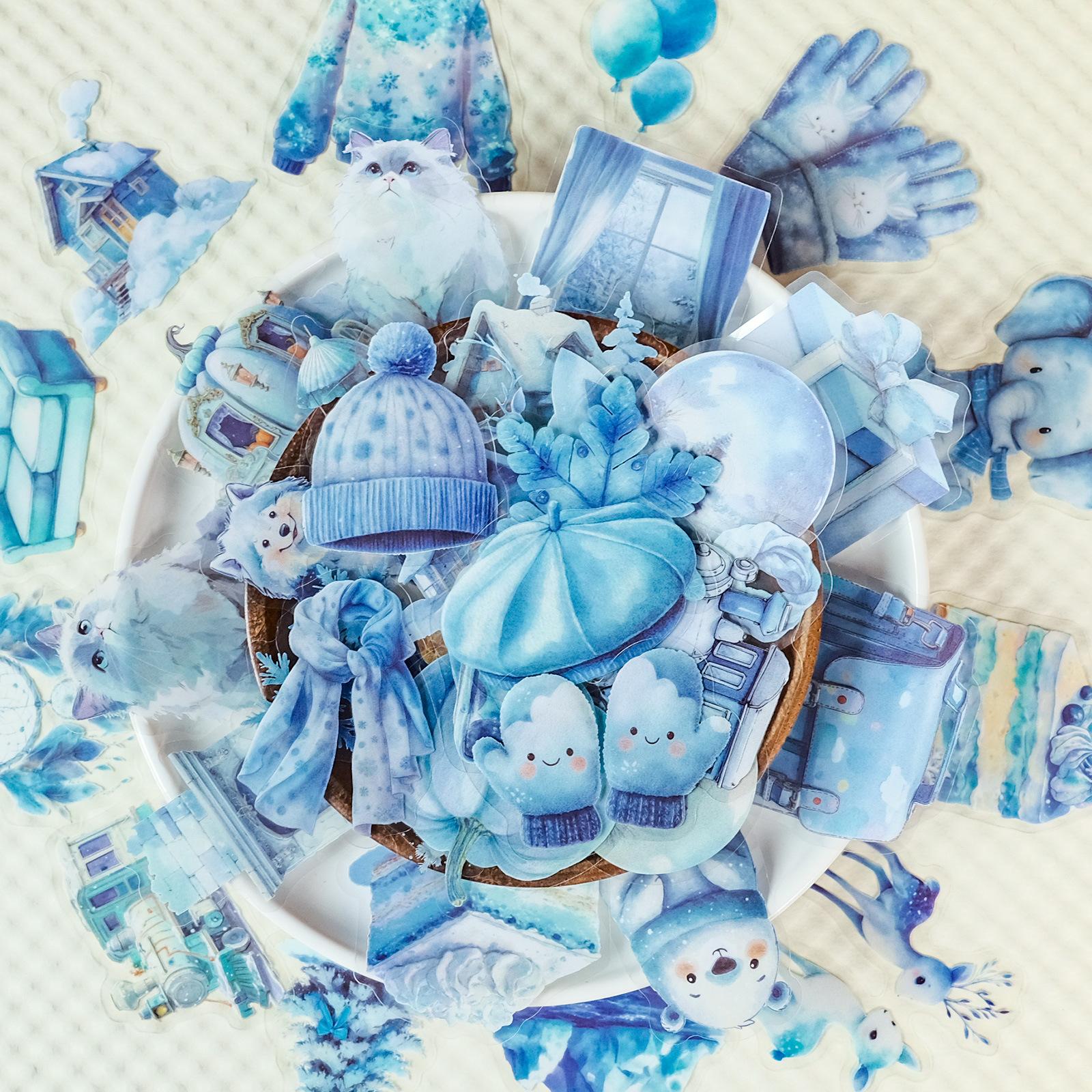 56 Blue Winter Transparent Pet Stickers Snowman Gloves Crystal Ball Mix And Match Graffiti Stickers