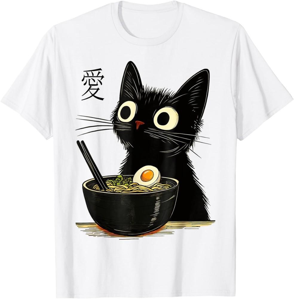 

Funny Cat Ramen Graphic Tee Japanese Kawaii Anime Cat Unisex T-Shirt S