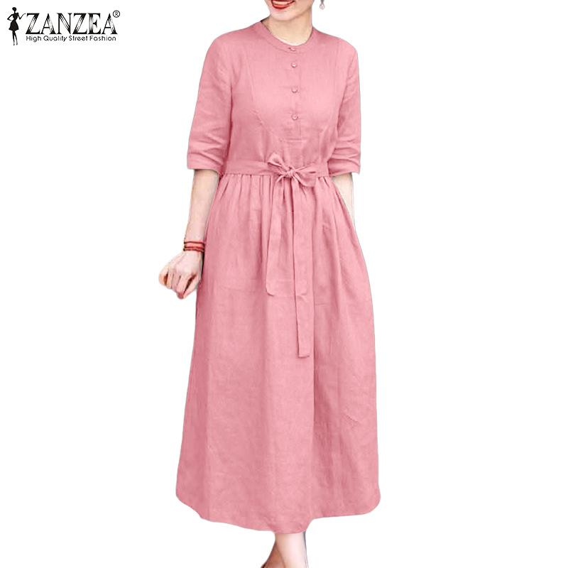 ZANZEA Women Casual Round Neck Loose Half Sleeve Dress