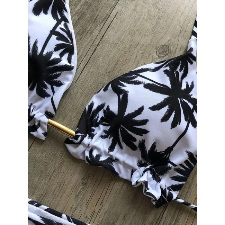 Sexy Black and White Coconut Tree Printed Bikini Sets Women Swimsuit Triangle Halter Swimwear Bathing Suit Brazilian
