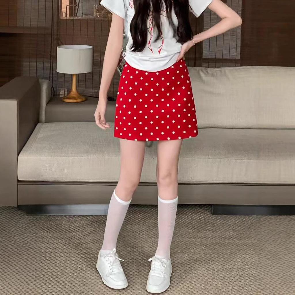 Women's High-Waist Black Polka Dot A-Line Midi Skirt - Summer 2024