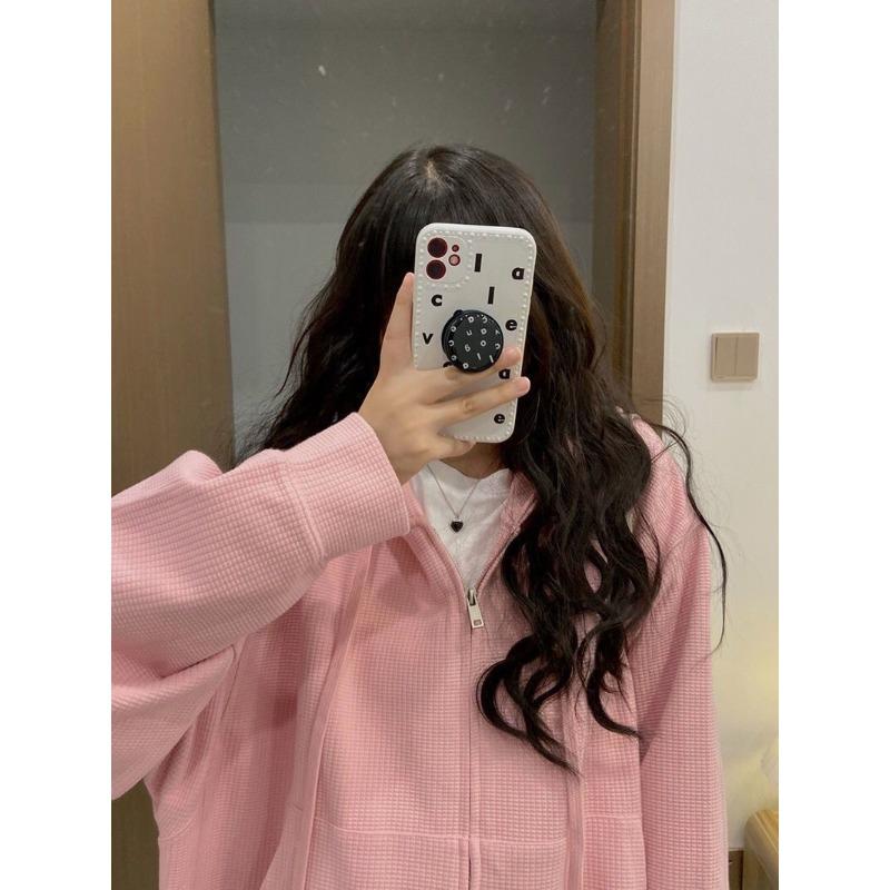 Новая корейская версия весенне-осенней вафельной толстовки свободная и тонкая повседневная куртка с капюшоном дизайн топа для женщин S розовый 1919₽