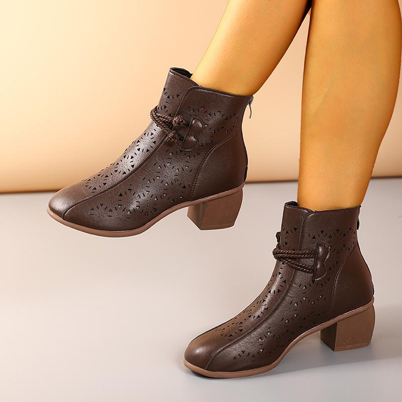 Summer Women's Fashion Hollow-Out Soft Sole Mid-Heel Ankle Boots, Retro Breathable Comfortable Shoes