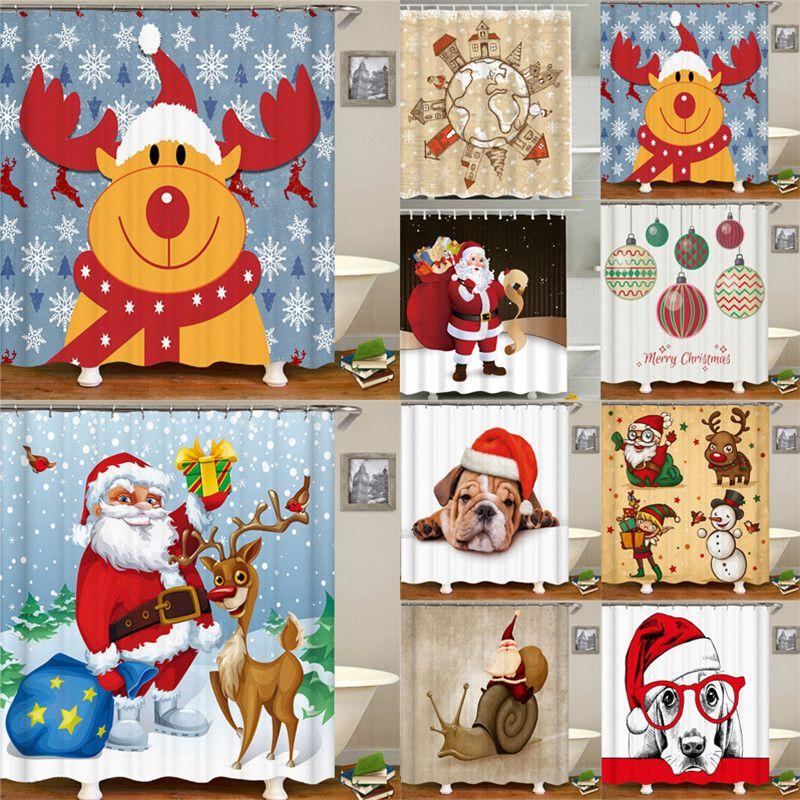 Curtain Christmas Shower With Hook Waterproof Bathroom Decoration Santa Claus