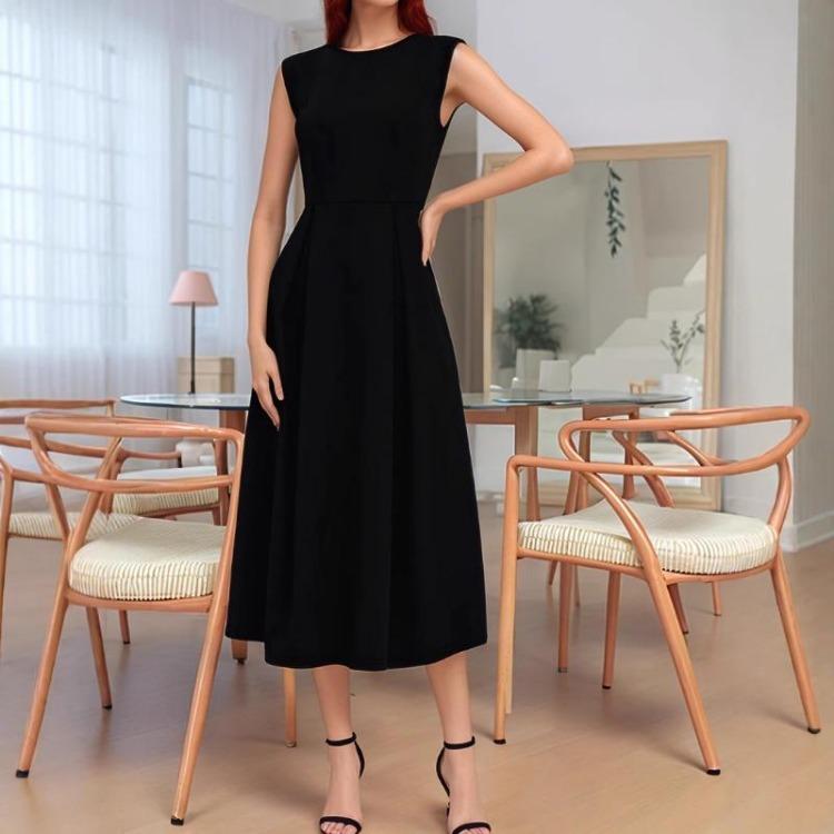 Elegant Sleeveless Solid Color Women Vest Dress Cinched Waist Long Dress Versatile Spring Summer