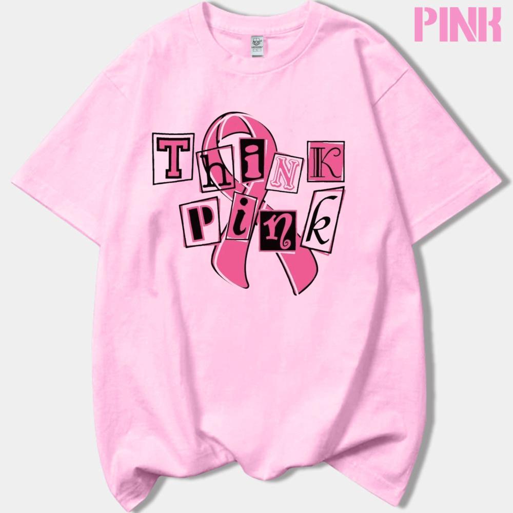 Think Pink Collage Letter Pink Ribbon Graphicunisex Summer T Shirt Breast Cancer Warrior Inspirational Casual Short Sleeve