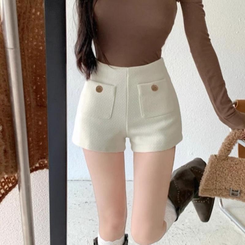 Women's Temperament White Tweed High Waist Wide Leg Pants - Petite Slimming Bootcut for Autumn/Winter