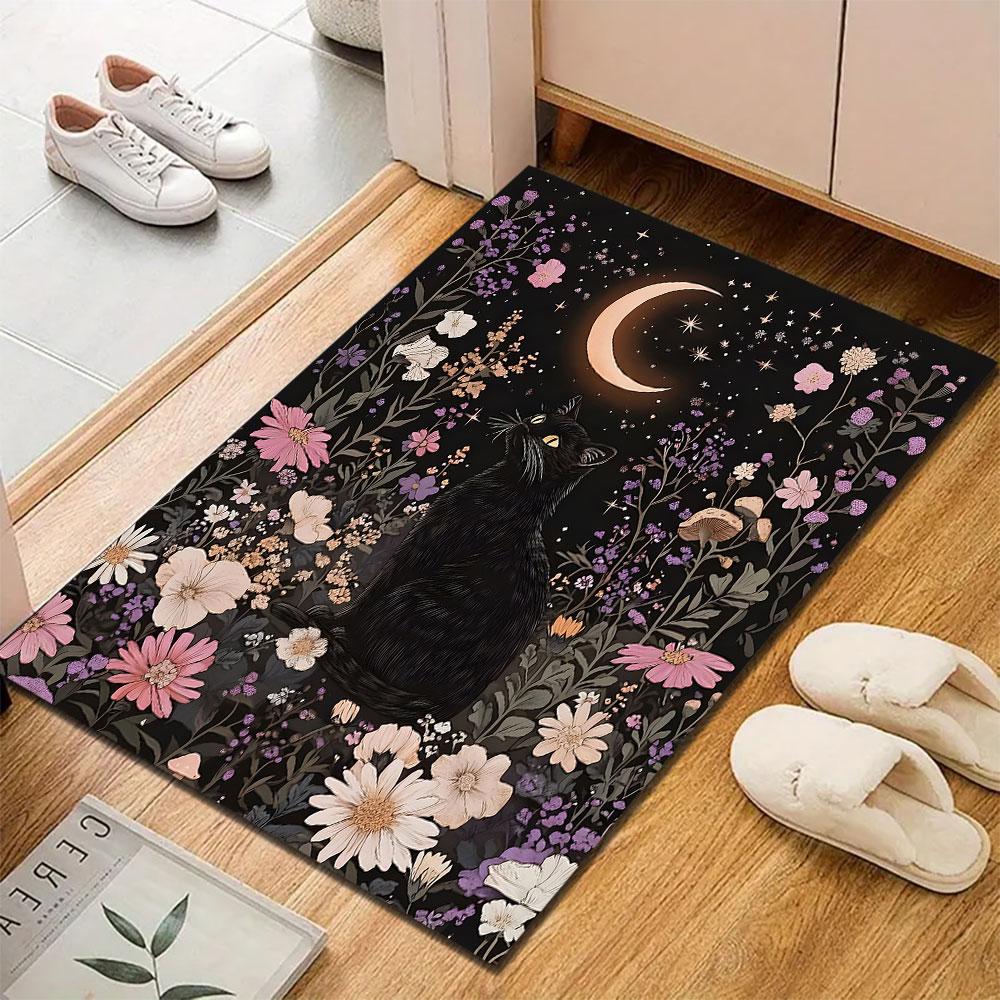 Black Cat Under Moonlit Floral Sky Patterned carpet, suitable as a non slip play mat for the living room and bedroom sofa
