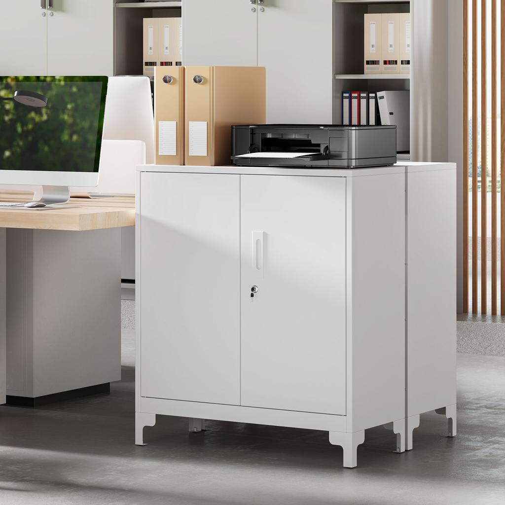 Metal Office Cabinet, Lockable Doors, Office Chest of Drawers, 2-Tier Design, White