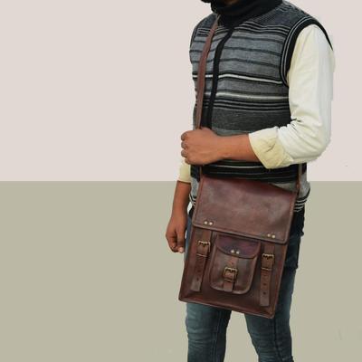 Men's Goat Leather Messenger Handmade Genuine Dark Brown Cross-body Vintage Bag