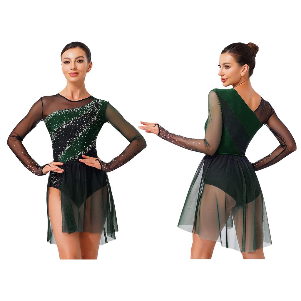 Kontrastfarbener Strass-Tanzbody für Damen S-XXL: Gradient-Netzrock Einteiler-Design für Eiskunstlauf Gymnastik