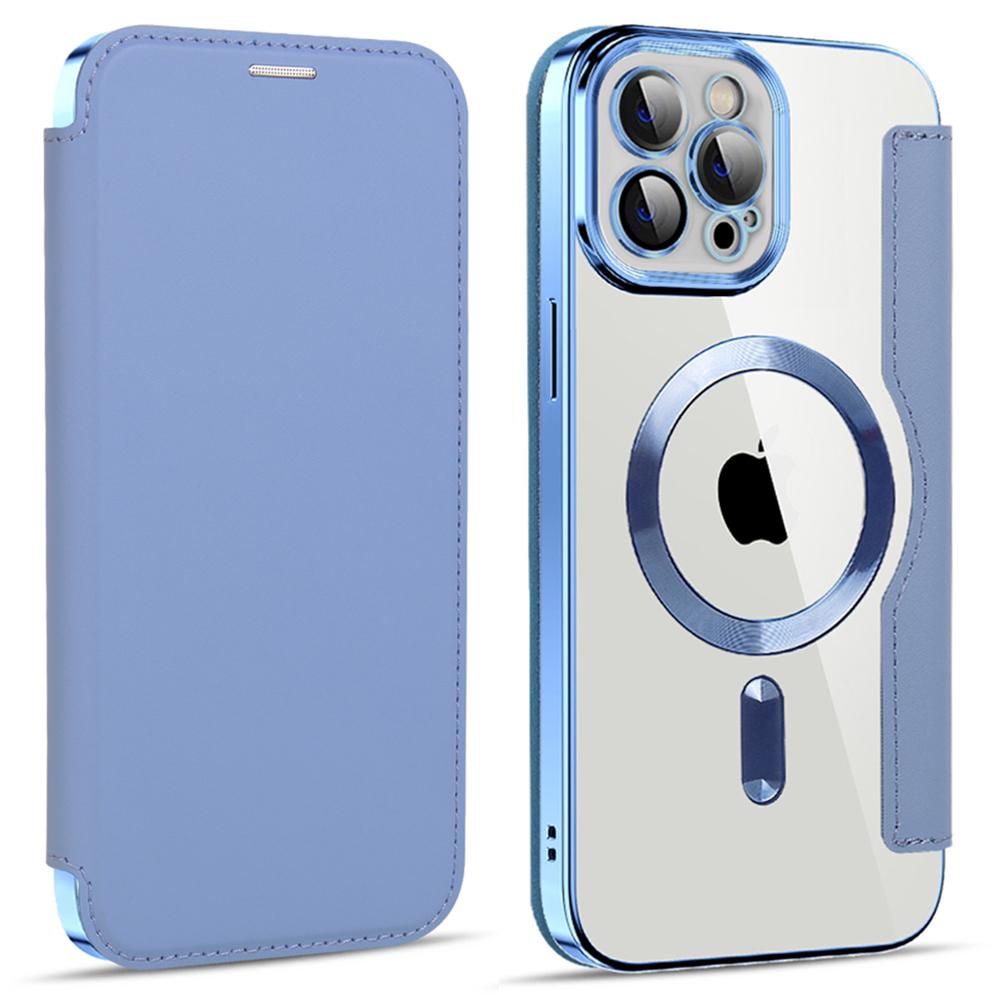 For iPhone 11 Pro Max 6.5 inch Compatible with MagSafe RFID Blocking Card Slots PU Leather+TPU Electroplating Clear Back Flip Case with Lens Film