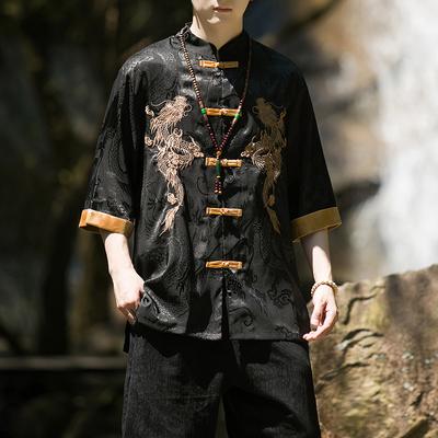 Summer Chinese Traditional Dress Dragon Embroidery Shirt Men Clothing Silk Half Sleeve Vintage Tops Plus Size