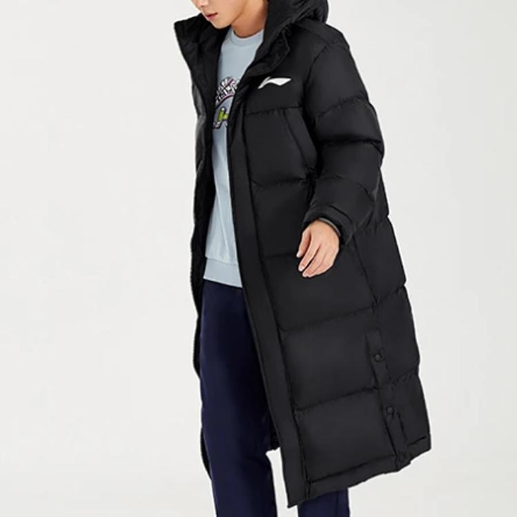 Li Ning Sports Basketball Series Logo Print Mid-Length Loose Hooded Down Jacket Men Outerwear Black AYMR051-1