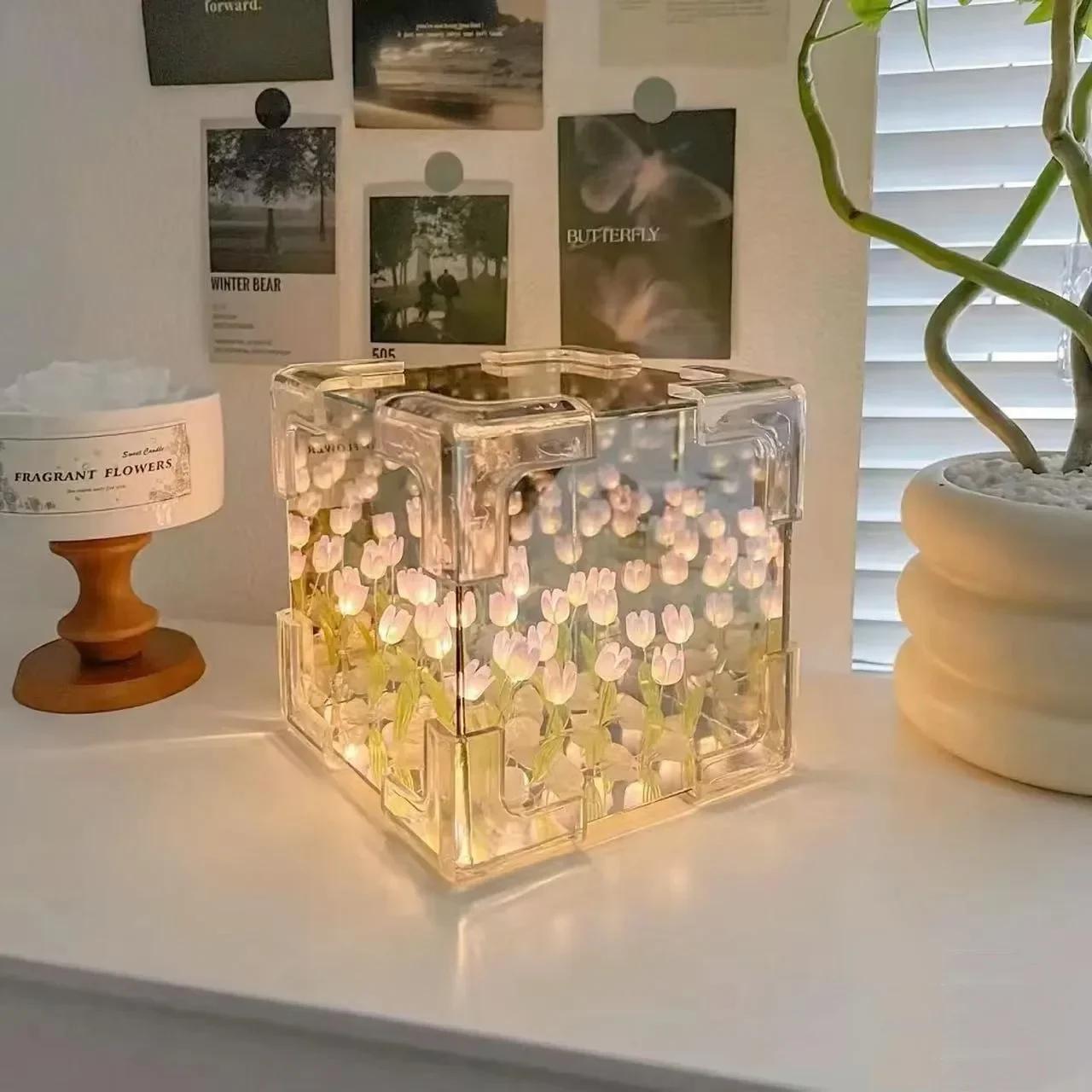 

2026New Creative Diy Tulip Flower Sea Cube Three-Dimensional Small Night Lamp Material Package for Girlfriend Couple Girlfriends фиолетовый