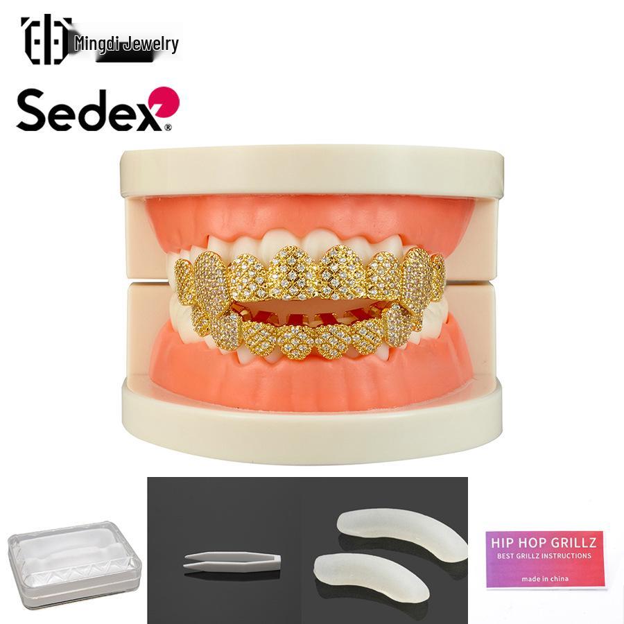 Grillz din Cupru Placat cu Aur Real de 14K și Zirconiu – Halloween Hip Hop Exagerat Rap Bijuterii pentru Dinți cu Diamante