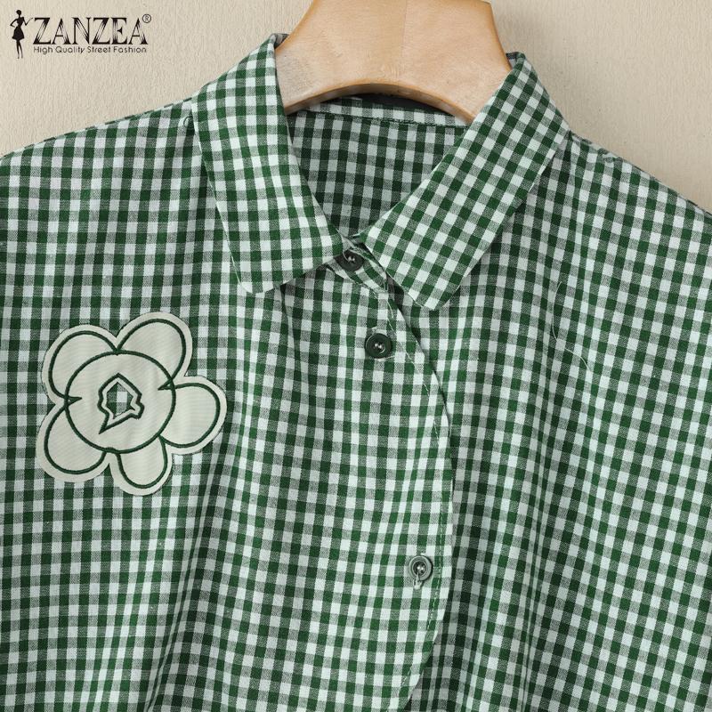 ZANZEA Women Turn Down Collar Loose Plaid Print Short Sleeve Blouse