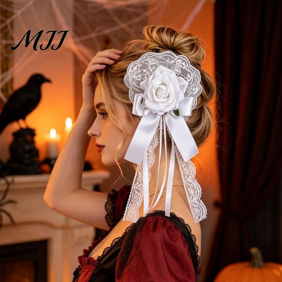 Cosplay Party Headwear Rose Bow Hair Clip, Lace Pearl Hairpin, Lolita Gothic Bowknot Romantic Bridal Accessories Hairpin for Women Bride Wedding