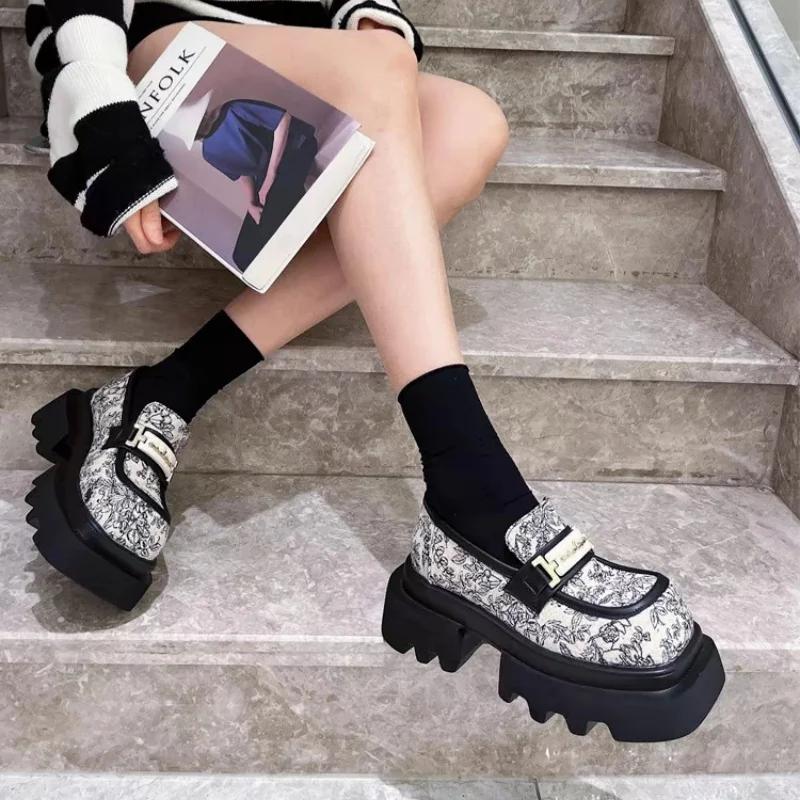 Fashion 2024 New Denim Print Cloth Synthetic Leather Platform Wedge Chunky Sneaker Comfy High Brand Spring Fashion Autumn Casual Shoes