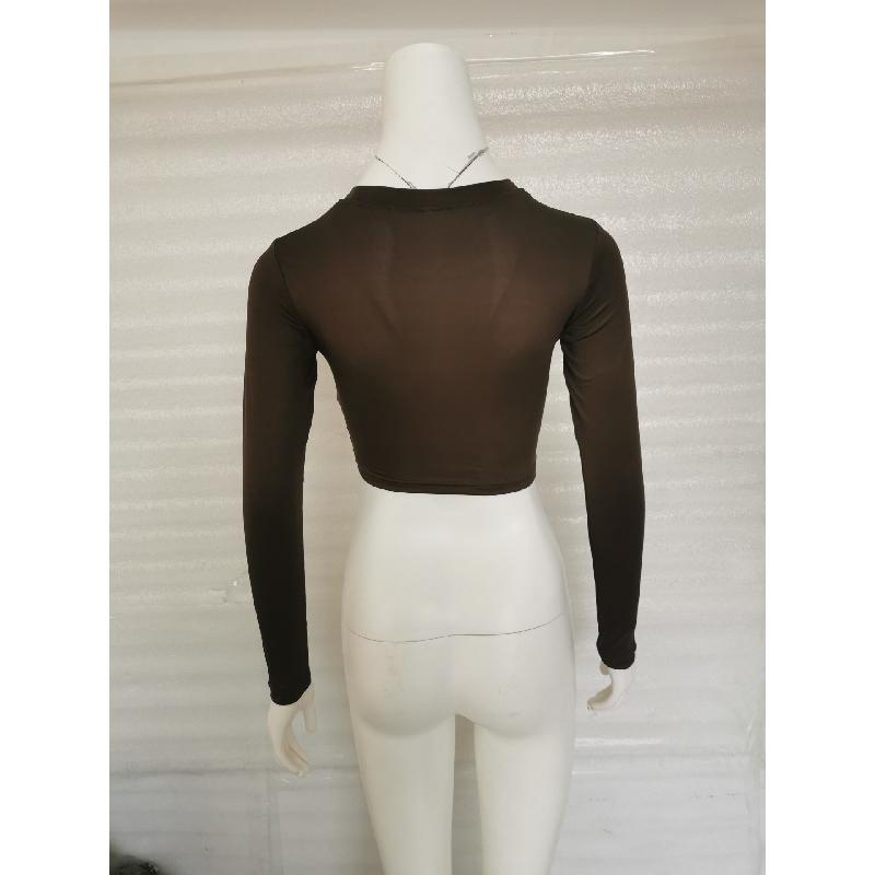 2026 Fashionable Solid Color Short Slim Fit Cropped Long Sleeve T-Shirt for Women with Round Neck