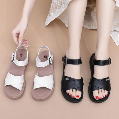 Genuine Leather 2025 New Summer Flat Bottom Women Middle-aged and Elderly Grandma Old People Non-slip Soft Sole Comfortable Women's Mother Sandals
