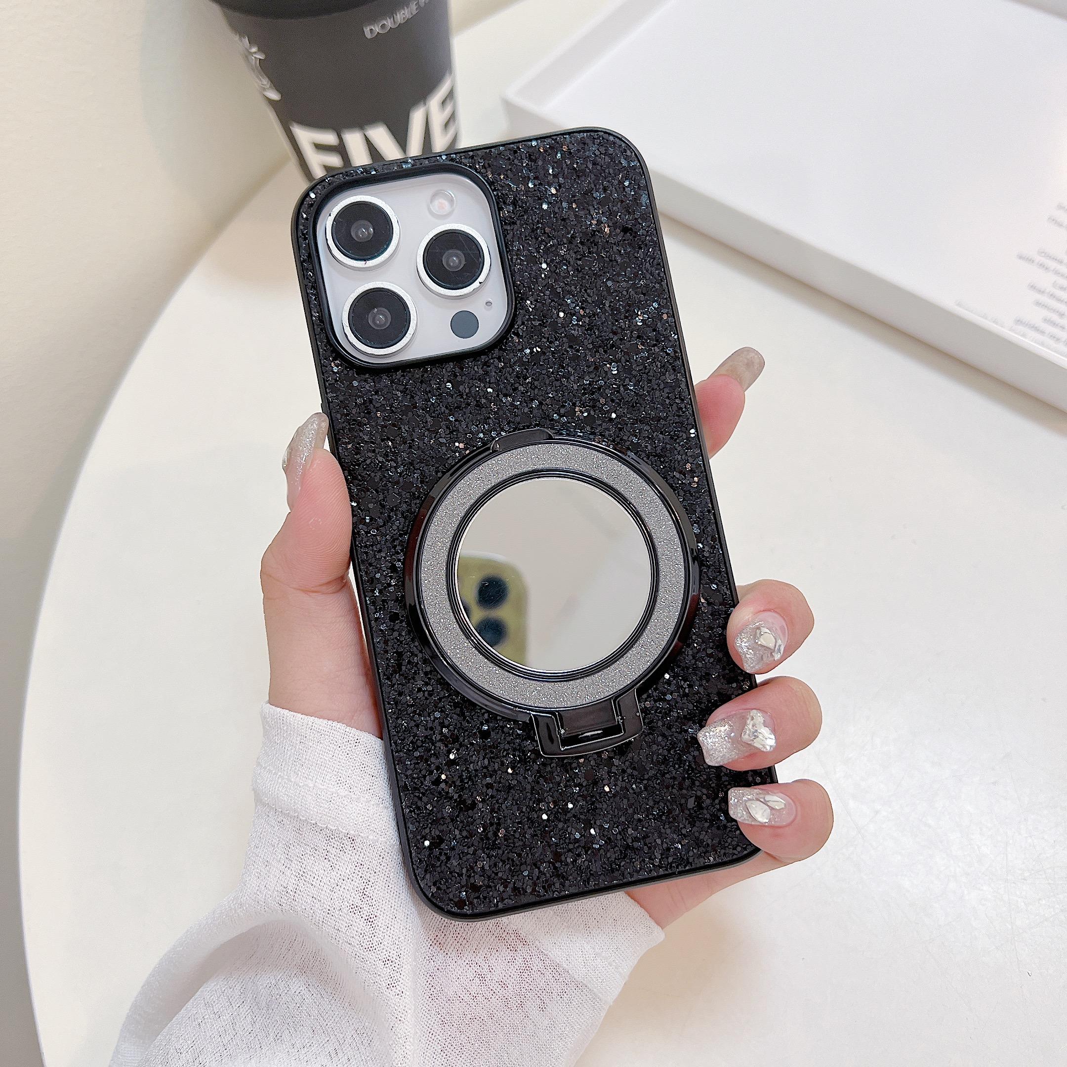 For iPhone 15 Pro Max Case TPU+PC Kickstand Phone Cover with Mirror D