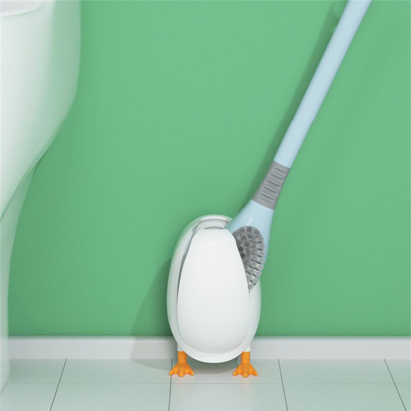 Cute Diving Duck Style Toilet Brush Wall-mounted Floor-Standing  Silicone Toilet Brush with Base Bathroom Cleaning Brush Set