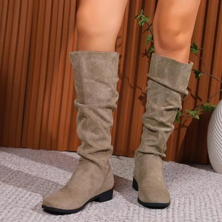 Women Mid Calf Boots Retro High Heels Solid Color Women Shoes Round Toe Rome Females Low Heels Boots Botas De Mujer