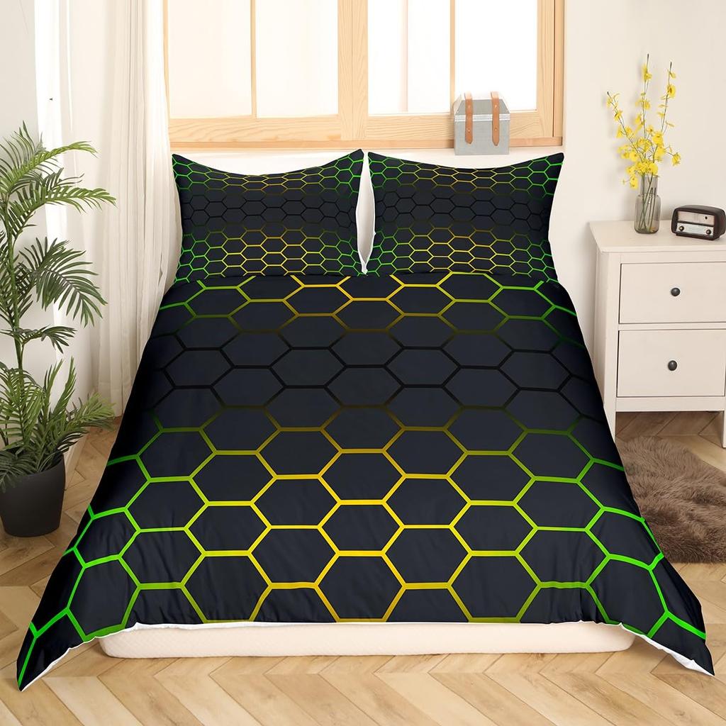 Blue Purple Honeycomb Soft Duvet Cover Fluorescent Geometric Honeycomb Beding Set Behive Hexagon Warm Comforter Cover for Young Boys Young Girls