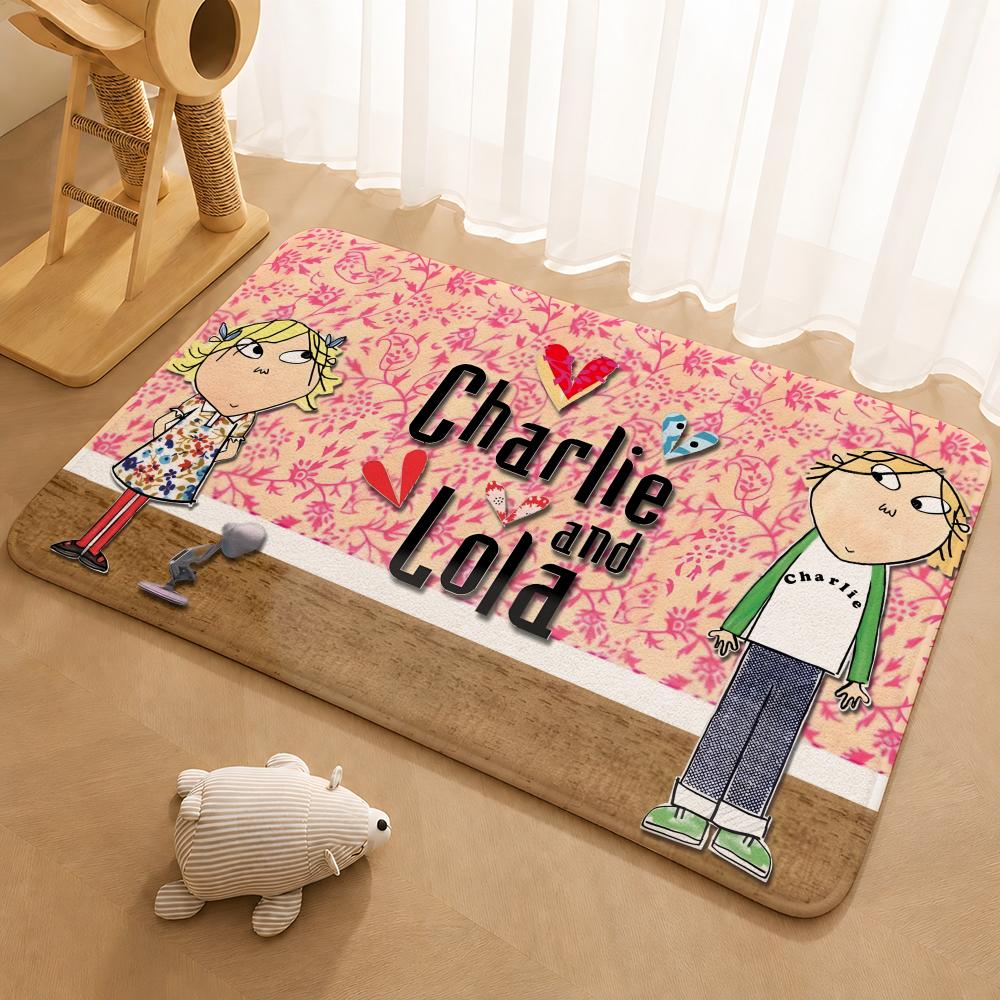 Charlie und Lola Anime Bodenmatte Fußmatte Weiche Flanell-Rutschfeste Tür-Teppich für Wohnzimmer