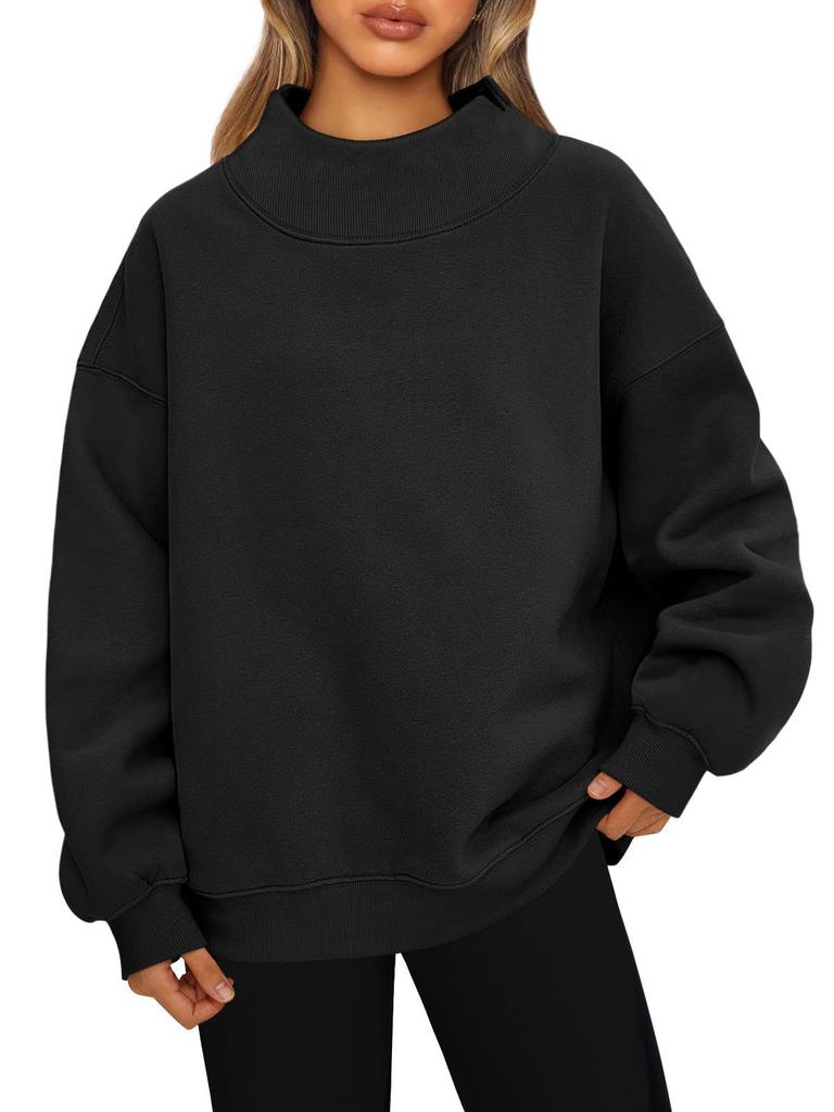 Fashionable Loose High Neck Long Sleeved Solid Color Hoodie for Lady Lazy Style Basic Casual Commuted Pullover Top
