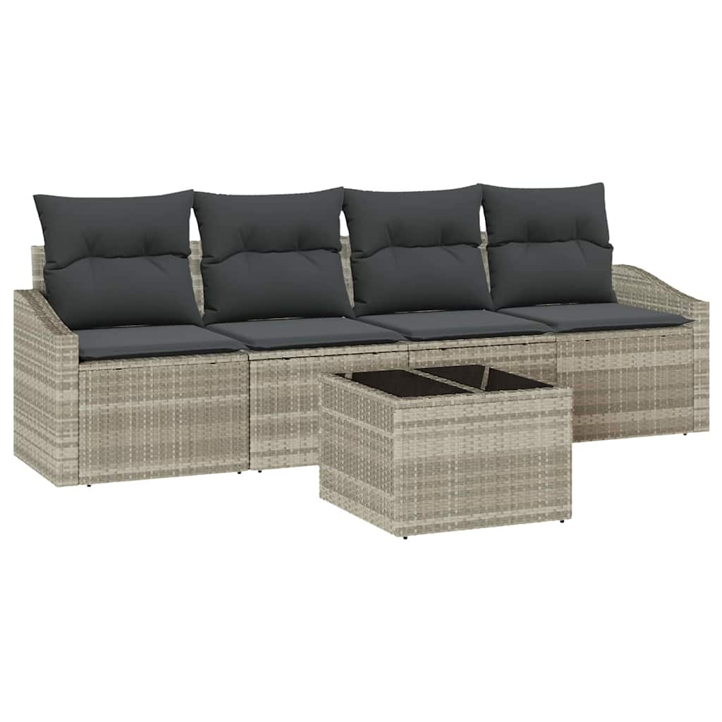 5 Piece Sofa Set with Cushions Light Grey Poly Rattan