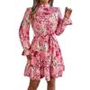 Women's Casual Stand-up Collar Flower Waist Long Sleeve Ruffled A-line Dress