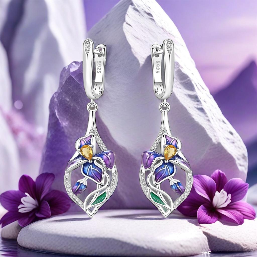 Orstarry 925 Silver Blue Purple Iris Flower Drop Earrings Women Earrings Charm Trend Versatile Party Jewelry Gifts