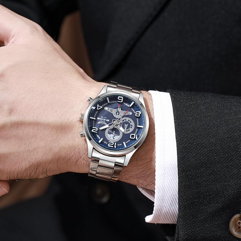 Men'S Watch Multi-Function Luminous Waterproof Quartz Watch Business Steel Belt Watch
