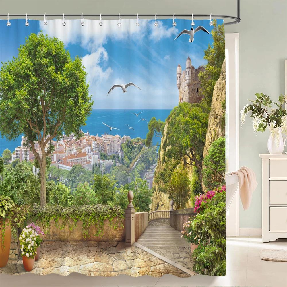 3D European Rural Flower Landscape Printing Bathroom Waterproof Shower Curtain Polyester Bath Curtain Home Decoration Curtain